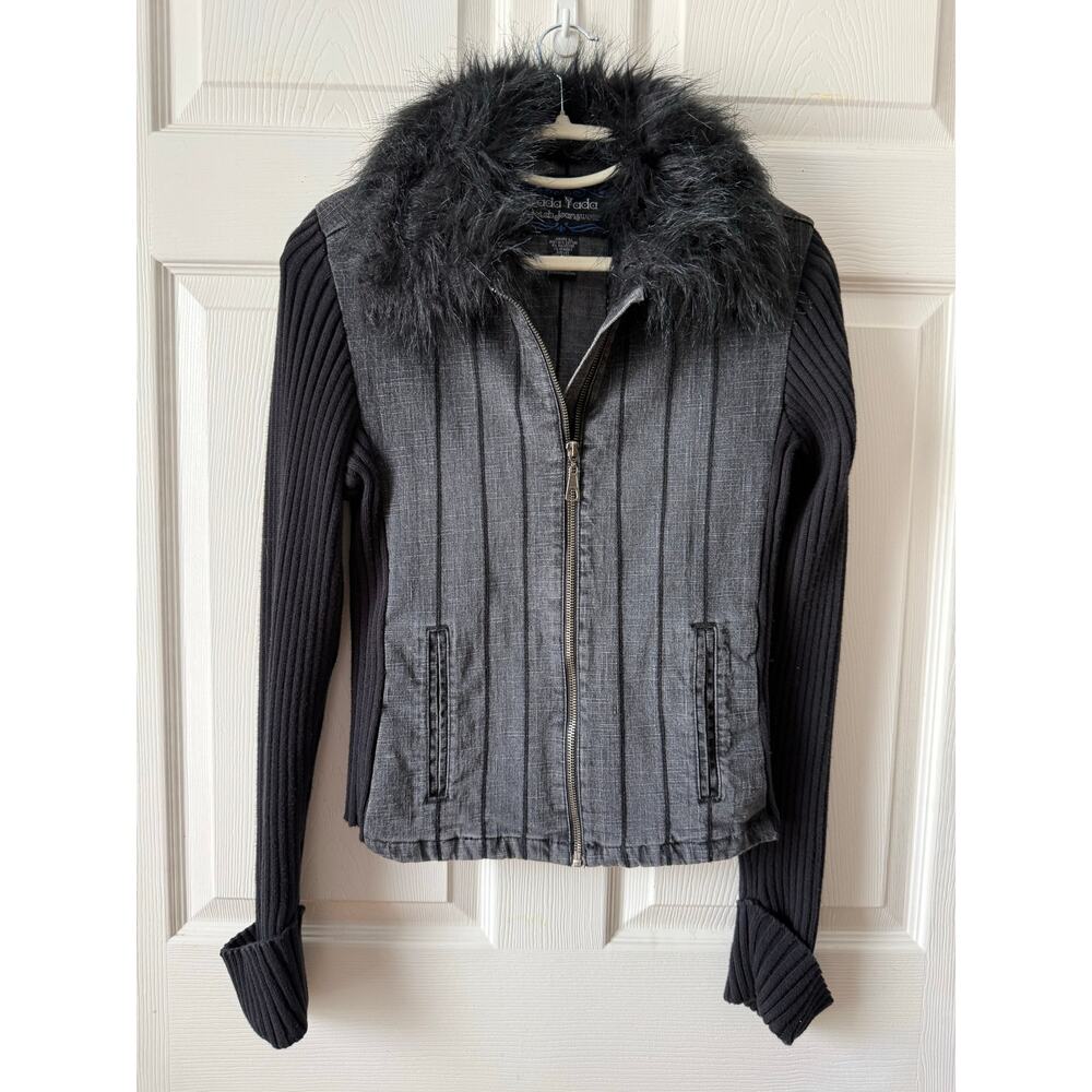 Yada Yada Y2K Faux Fur Trim Jacket Gray Black Jrs L Indie Sleaze McBling Moto